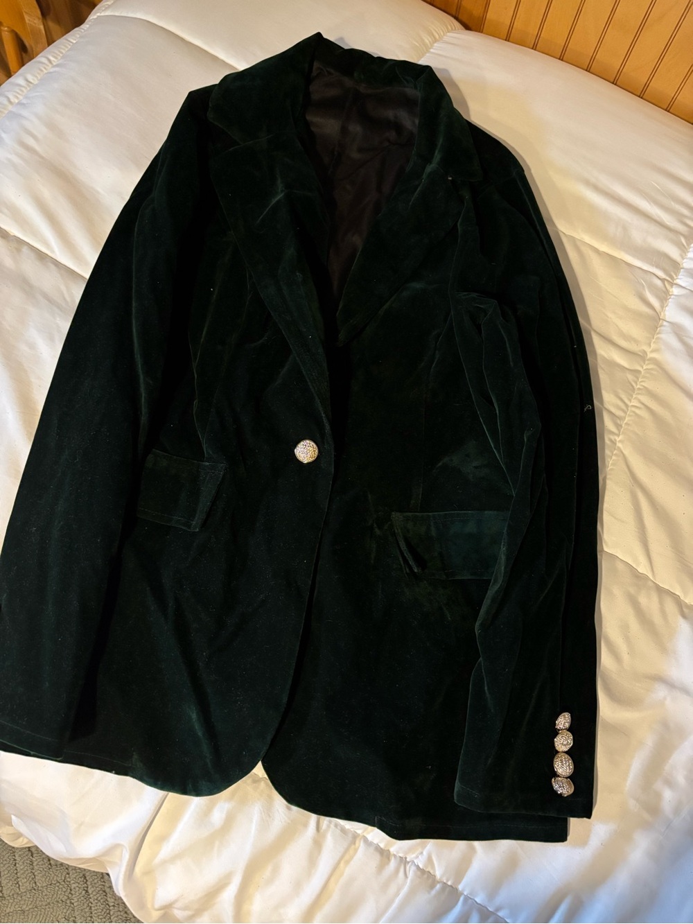 SHEIN Dark Green Velvet Single-Button Blazer with Decorative Buttons